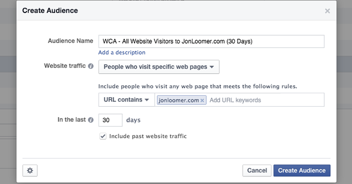 Facebook Website Custom Audience All Visitors Rule