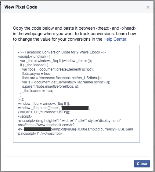 Facebook Ads Manager Create Pixel Code