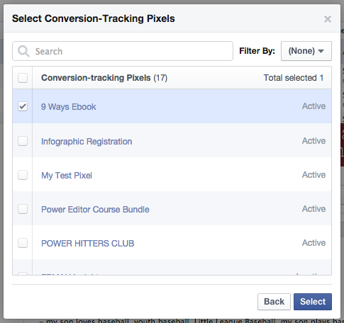 Facebook Power Editor Conversion Pixels Select