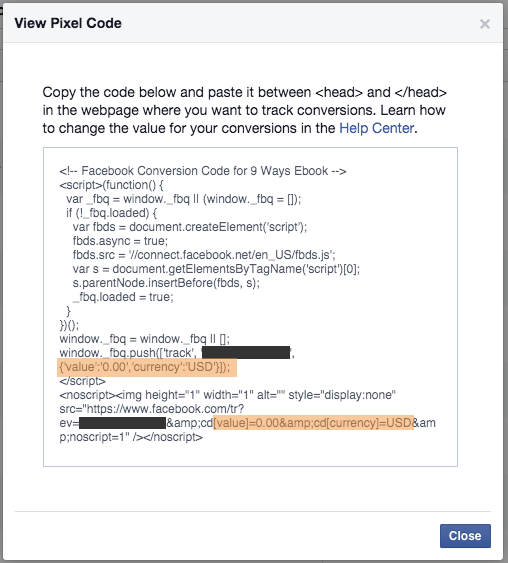 Facebook Power Editor Conversion Tracking Code Value