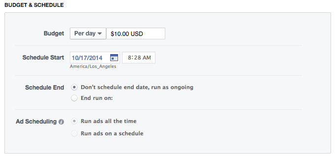Facebook Power Editor New Ad Set Budget and Schedule