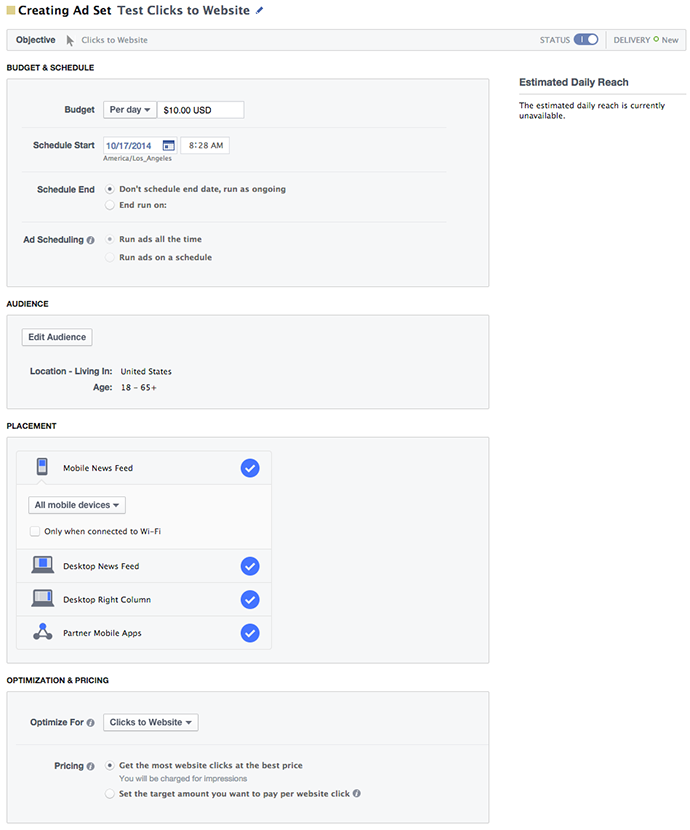 Facebook Power Editor New Ad Set