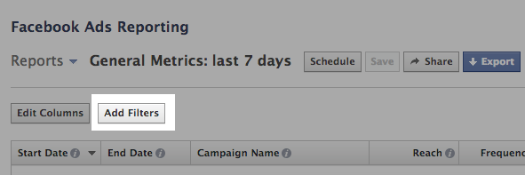 Facebook Ad Reports Add Filters