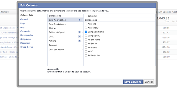 Facebook Ad Reports Edit Columns
