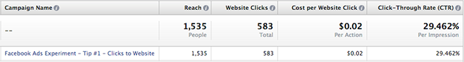 Facebook Ads Experiment Tip 1 Results