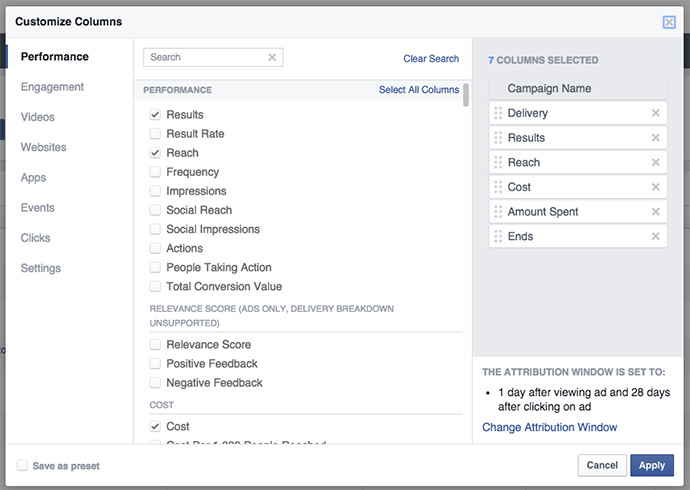 New Facebook Ads Manager Customize Columns