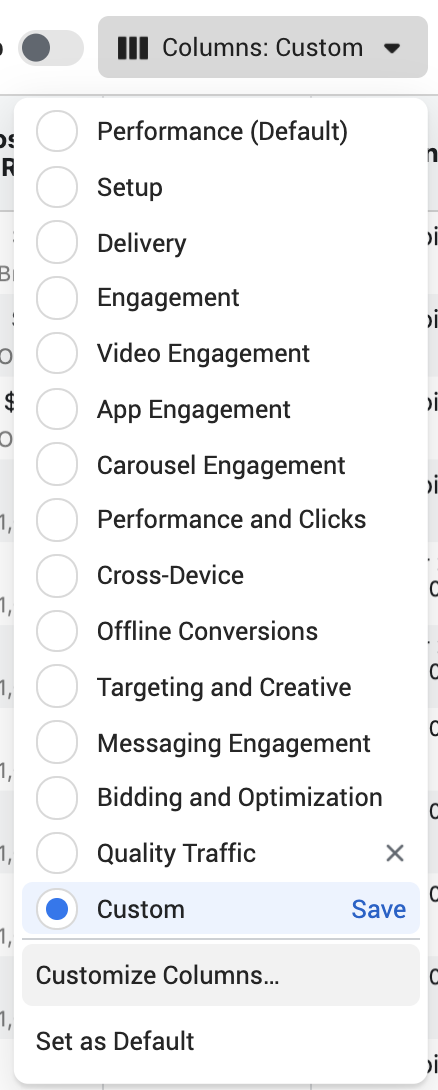 Facebook Ads Manager Customize Columns