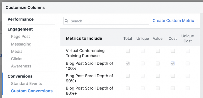 Facebook Ads Manager Customize Columns