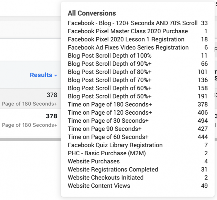 Facebook Ads Manager Results Column