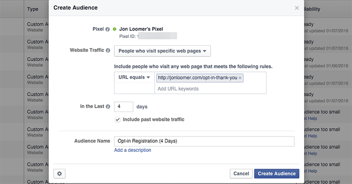 Facebook Website Custom Audience 4 Days