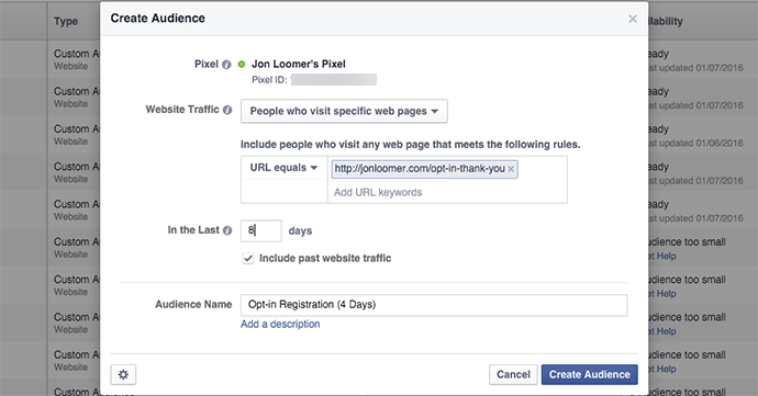 Facebook Website Custom Audience 8 Days