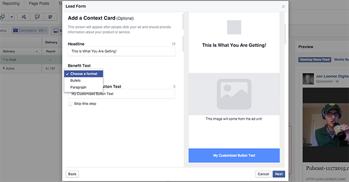 Facebook Lead Form Context Card