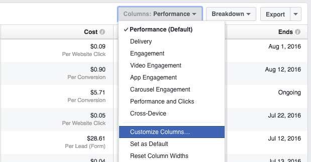 Facebook Ad Reports Customize Columns