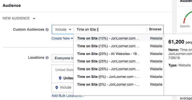 Facebook Time on Website Custom Audiences