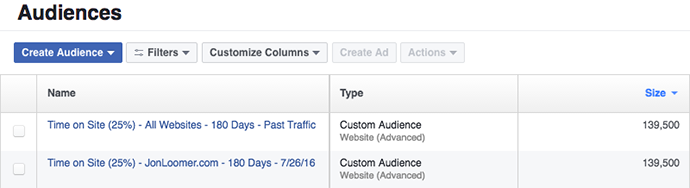 Facebook Time on Website Custom Audiences