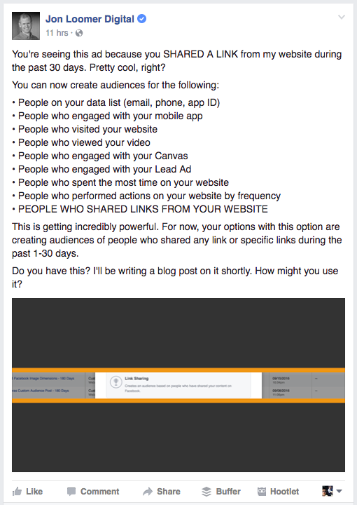 Link Sharing Custom Audience Facebook Ad