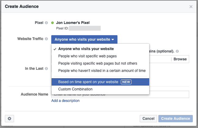 Facebook Website Custom Audience Time on Site