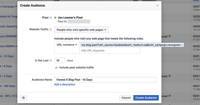 Facebook Website Custom Audience Blog Post UTM