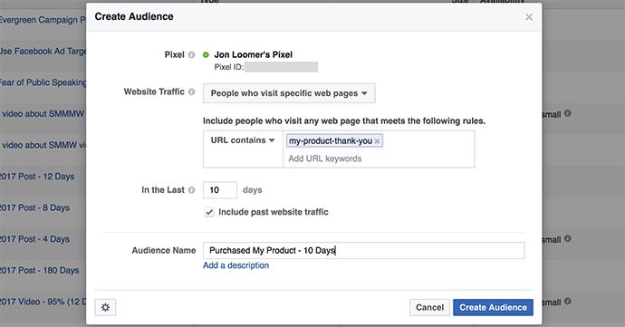 Facebook Website Custom Audience Purchase