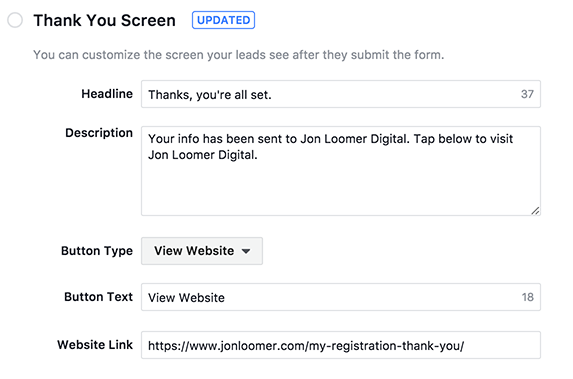Facebook Lead Ads Thank You