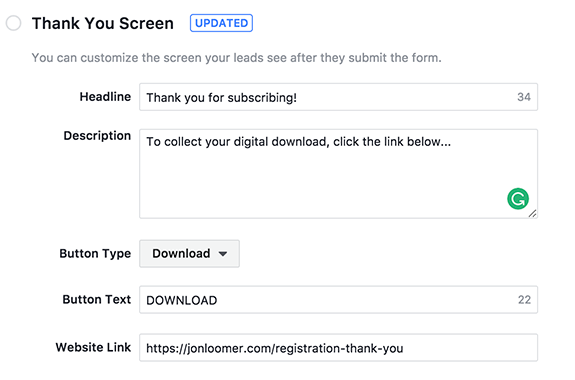 Facebook Lead Ads Thank You