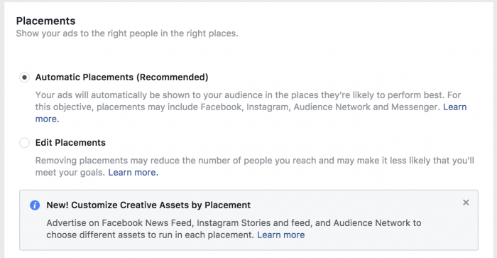Facebook Ads Customize Creative Assets by Placement