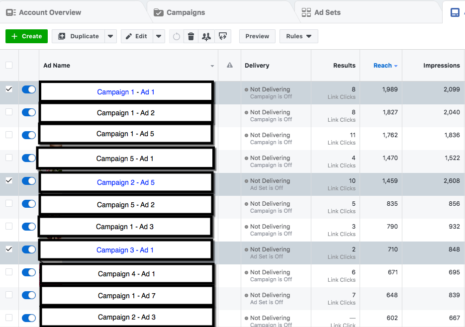 Facebook Paid Reach - Selecting Multiple Ads Example