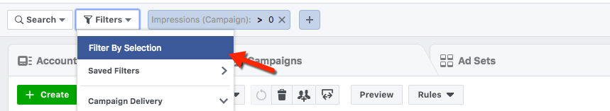 Facebook Ads Manager - Filter by Selection