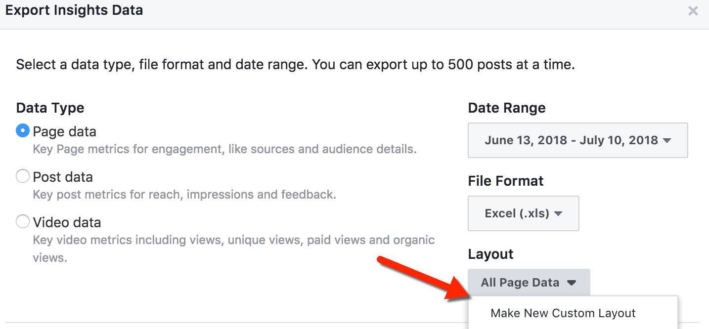 Facebook Page-Level Export Data Selection