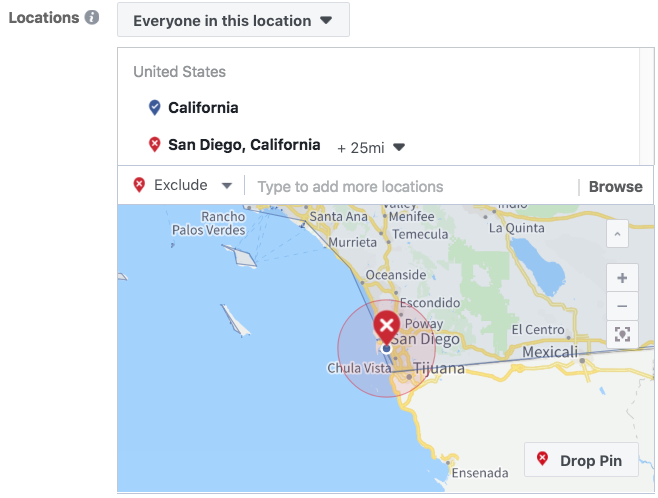 Facebook Location Targeting - Target California but Exclude San Diego