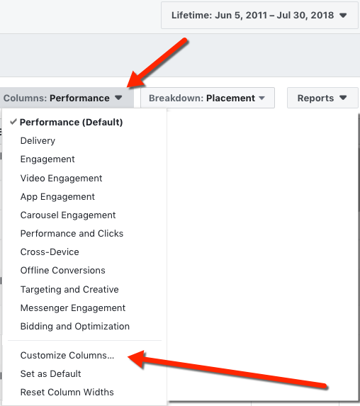 Facebook Reporting Customize Columns