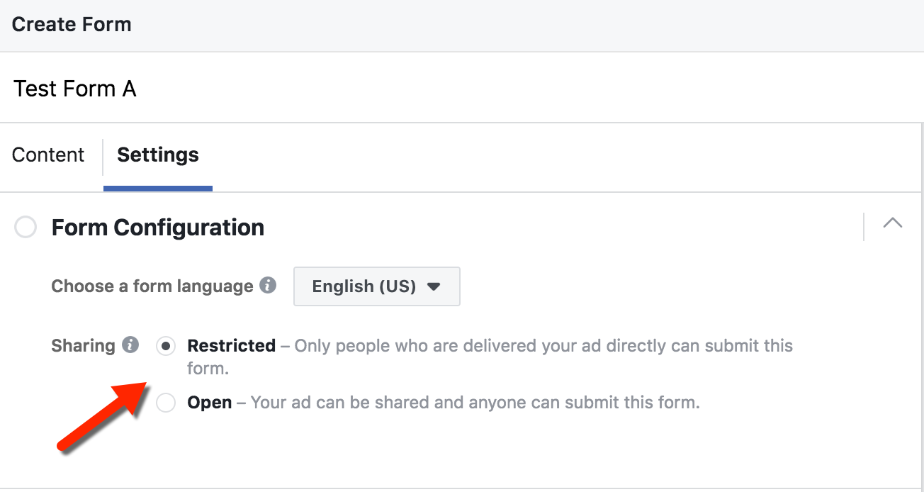 Lead Form Audience Settings Screen