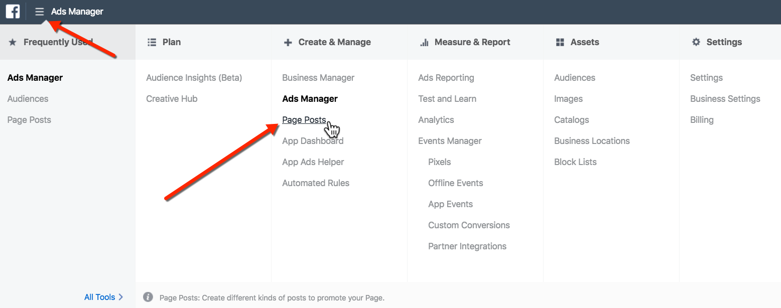 Publish Unpublished Post on Facebook - Page Posts Tool Selector