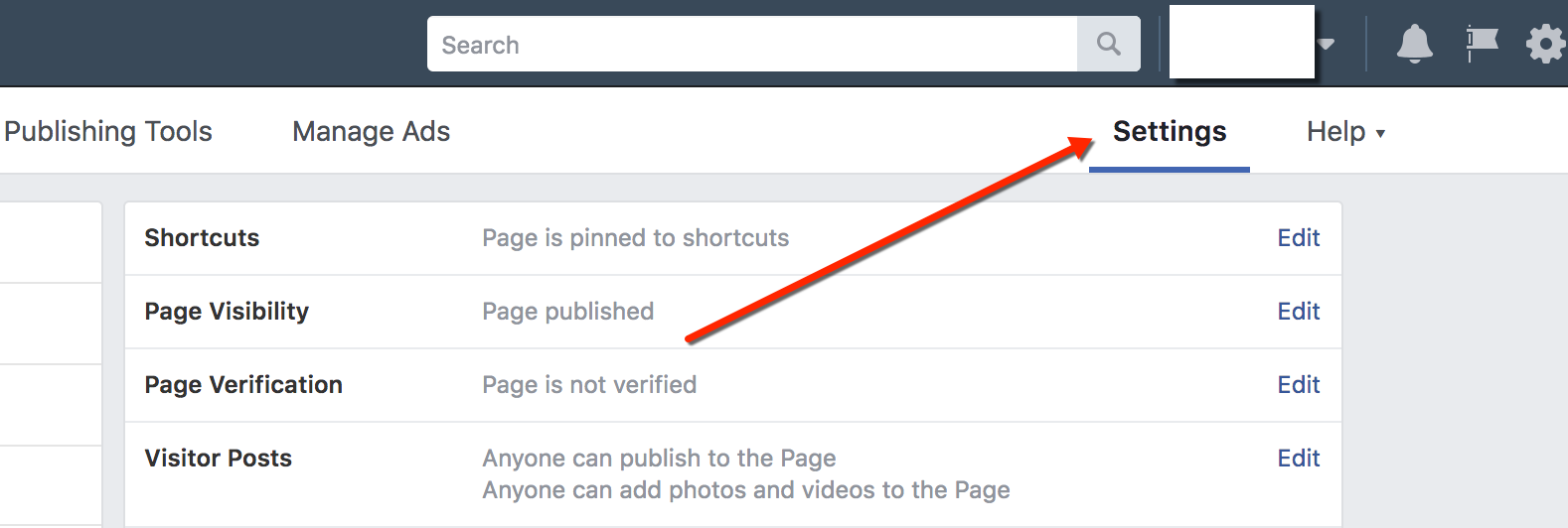 Facebook Business Page Settings Selection