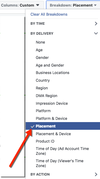 Facebook Ads Manager Select Placement Breakdown