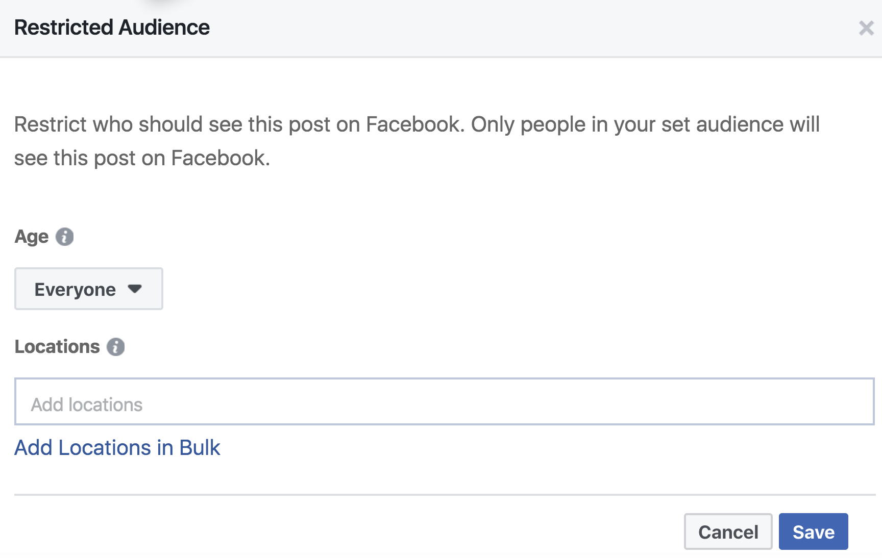 Facebook Publishing Tools Audience Restriction Entry Screen