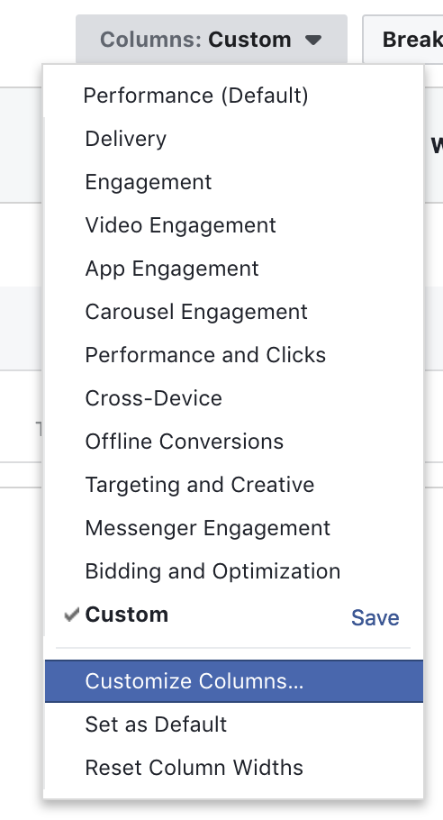 Facebook Ads Manager Customize Columns