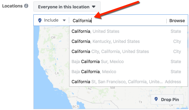 Facebook Location Targeting - Typing in California