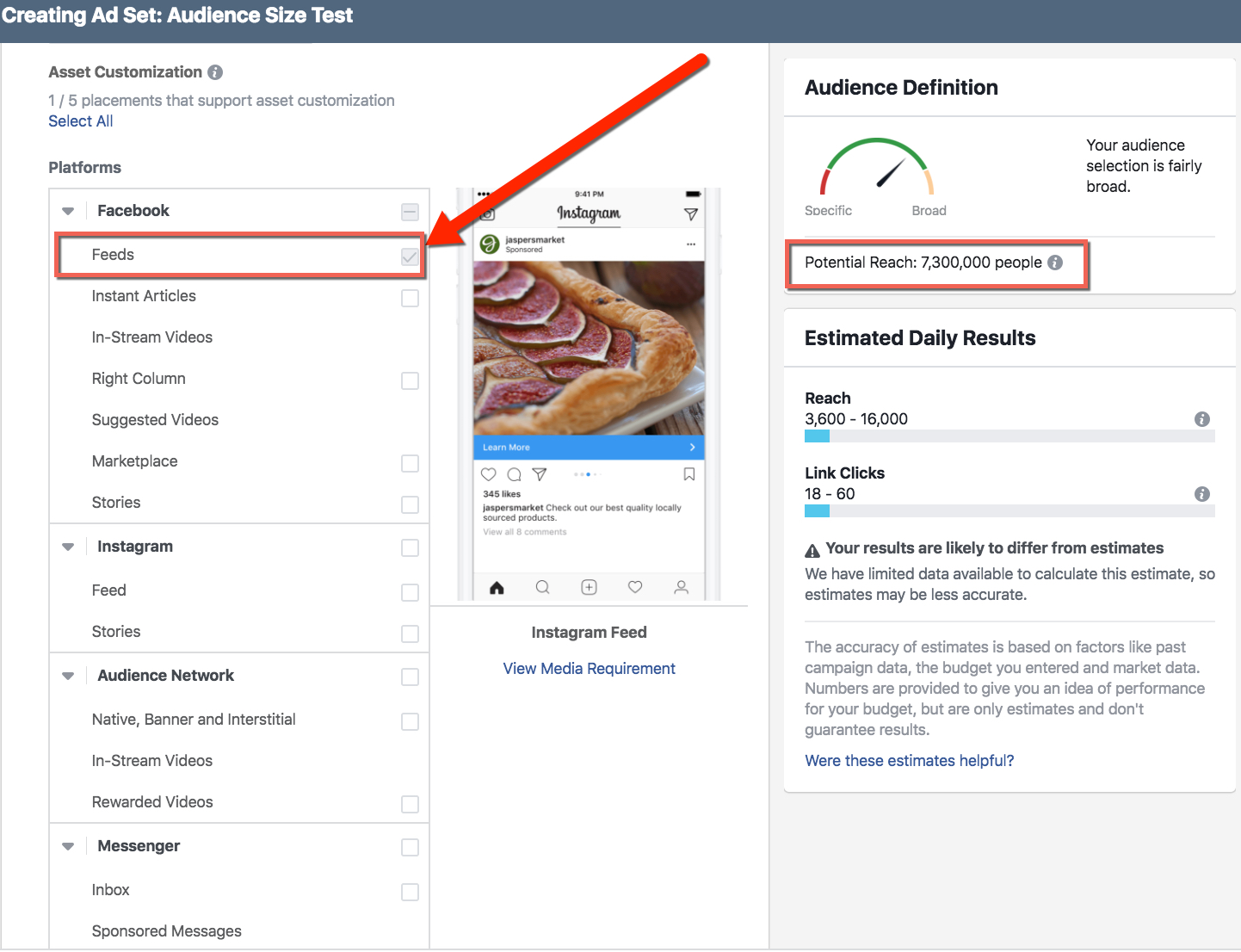 Compare Audience Sizes in Facebook Ads Manager - Facebook Feeds Only Selected