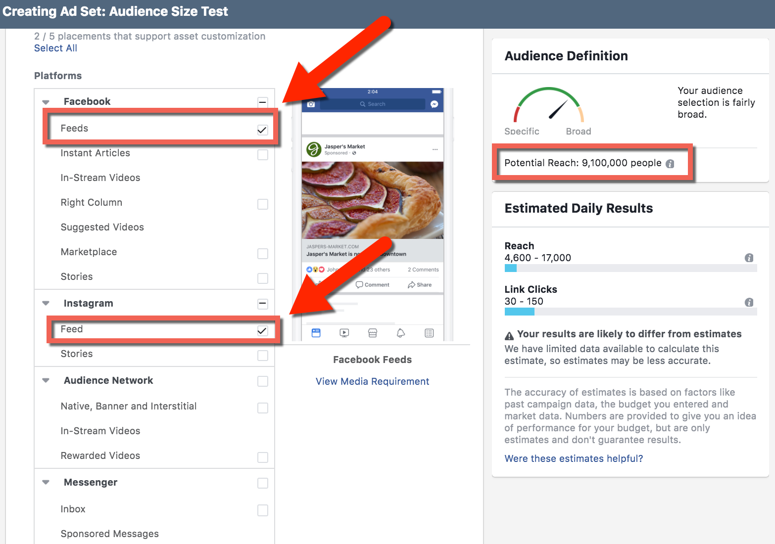 Compare Audience Sizes in Facebook Ads Manager - Instagram Feed and Facebook Feed combined