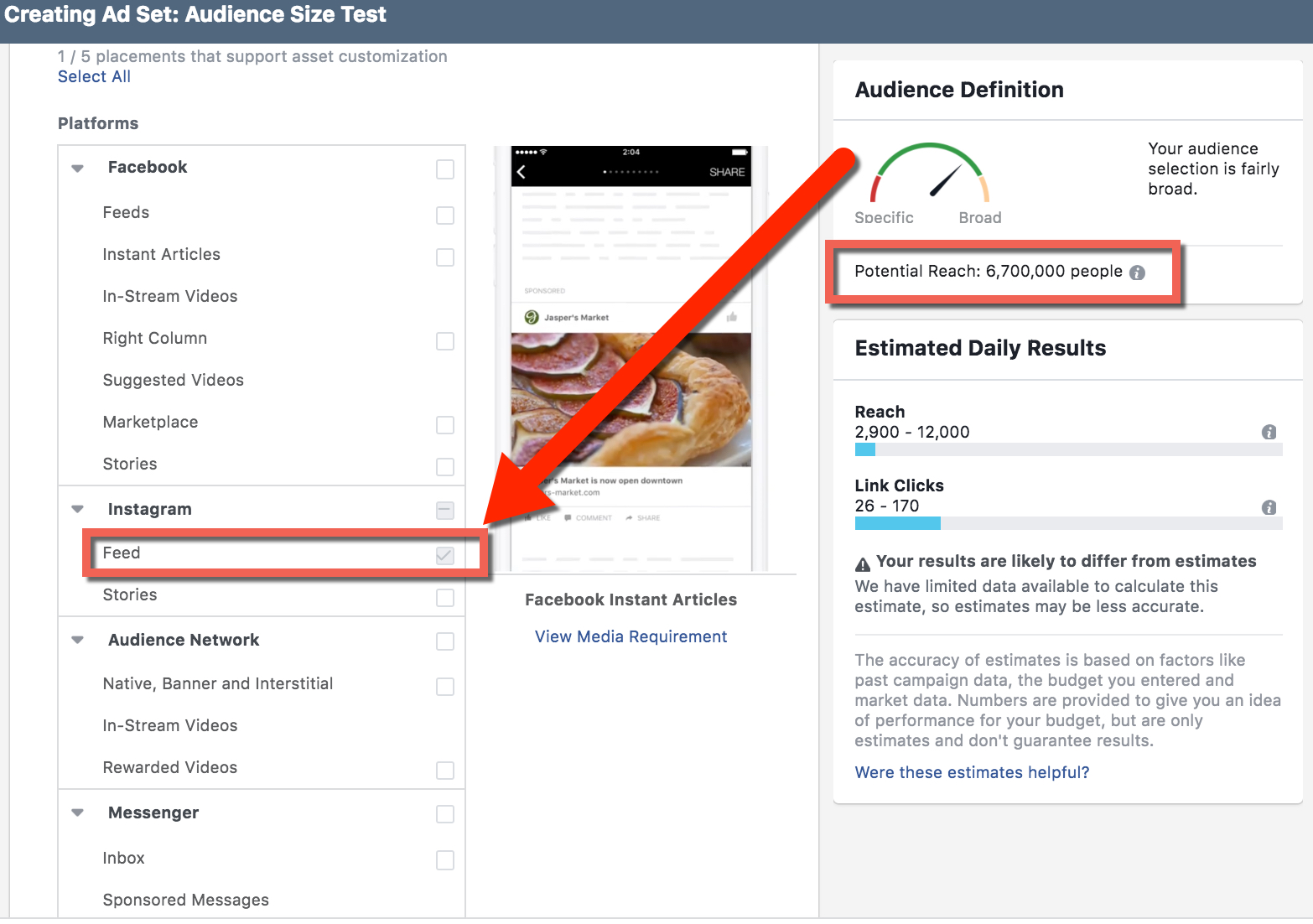 Compare Audience Sizes in Facebook Ads Manager - Instagram Feed Only