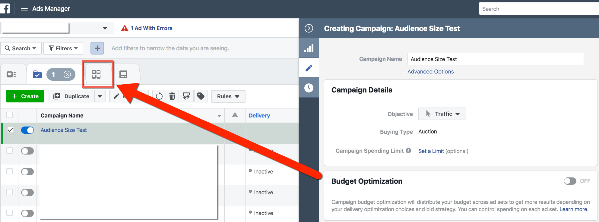 Facebook Ads Manager - Campaign View