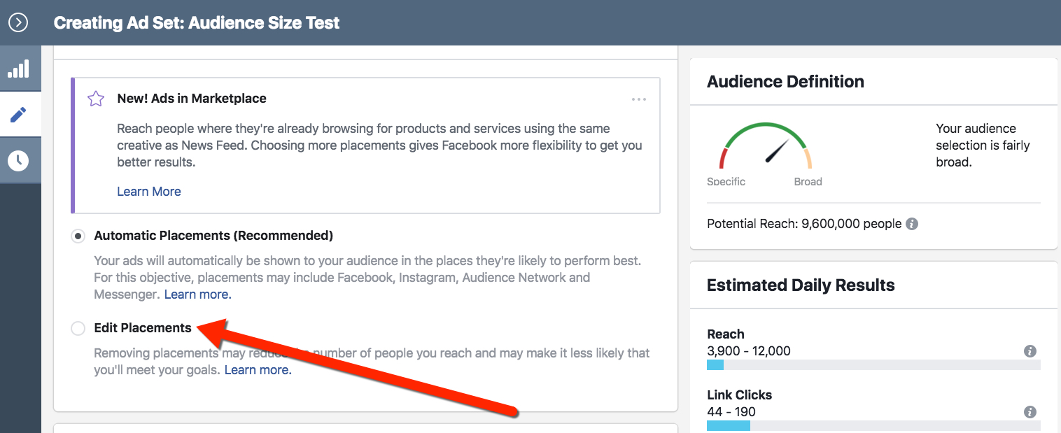 Facebook Ads Manager - Edit Placements