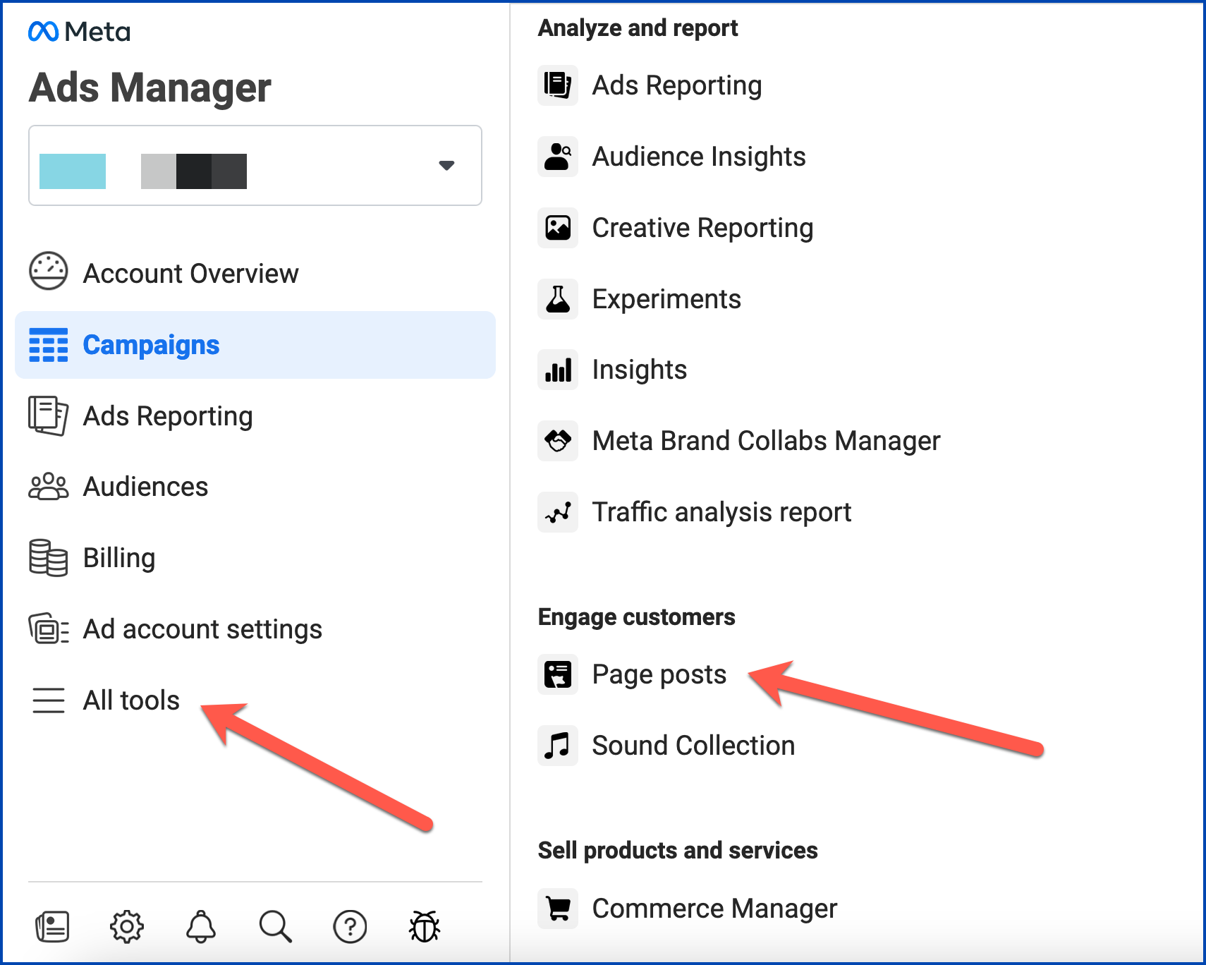 Ads Manager selection screen showing various options from All Tools menu. Under a section called "Engage customers" near the bottom of the image is a Page Posts option. 