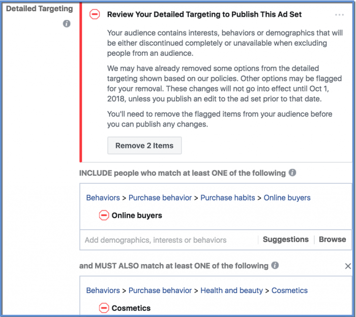Facebook Removal of Partner Category Targeting Warning Message