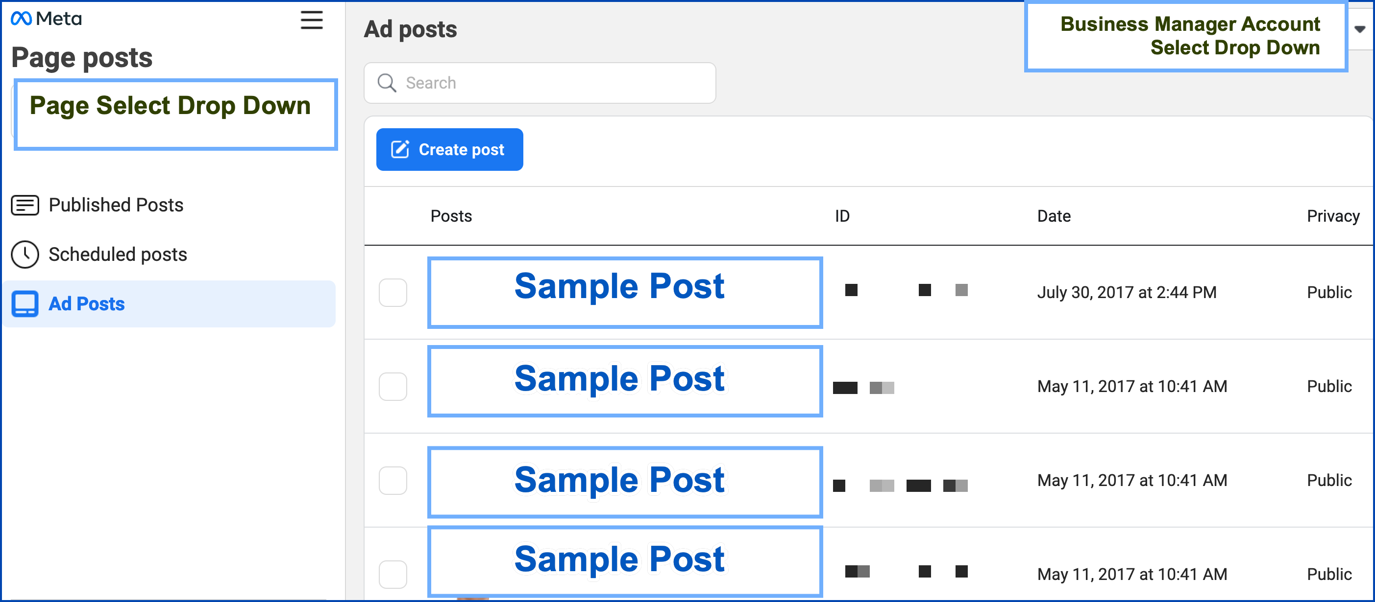 Image shows an example from the Page Posts screen. On the far left are options for "Published posts", "Scheduled posts", and "Ads posts" - with Ads Posts selected. The image highlights a page selector on the top left, and a Business Manager account selector on the top right. 