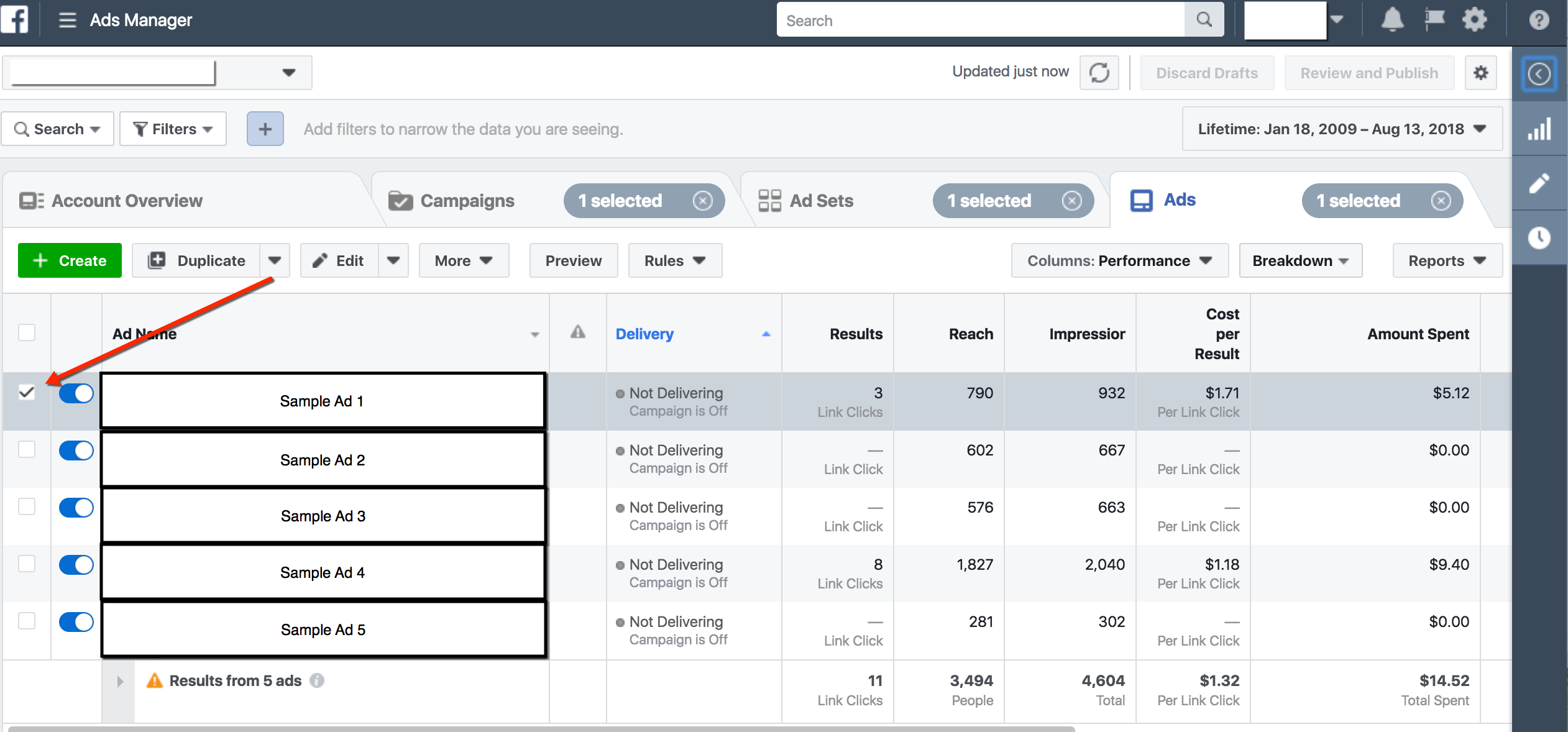 Facebook Ads Manager - Select Post to Publish