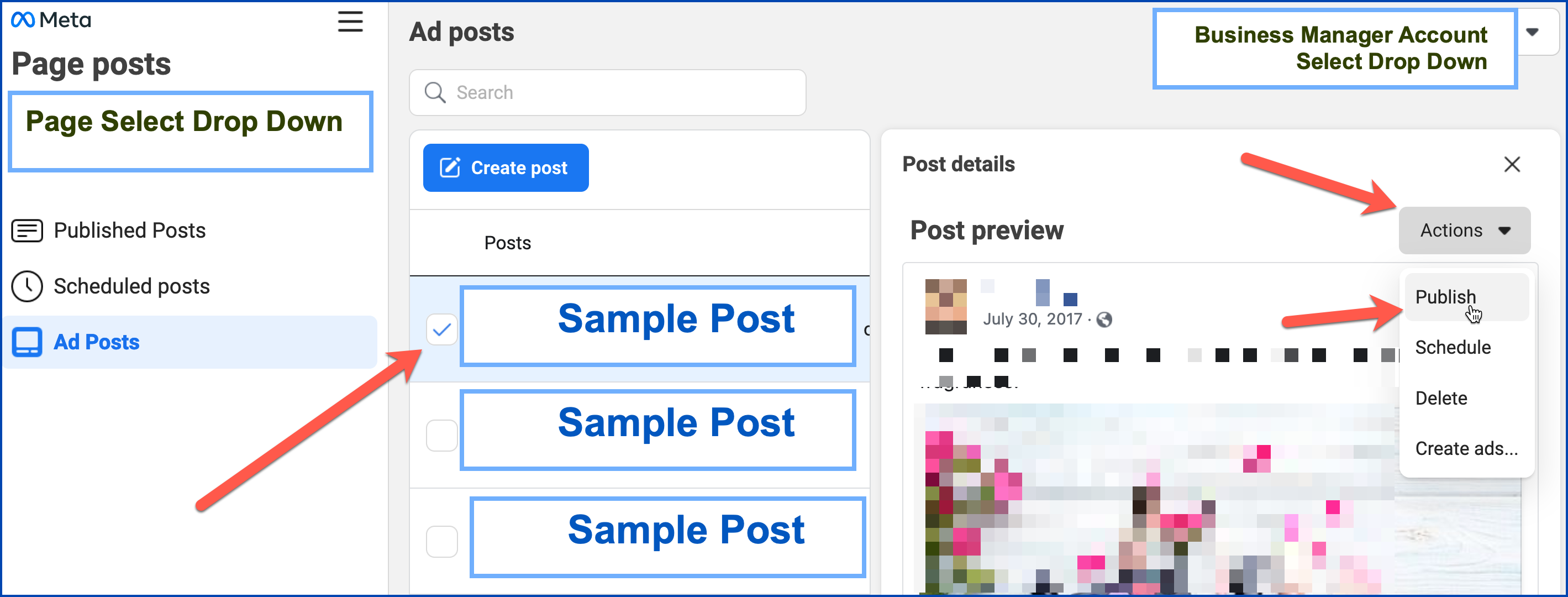 Image shows the Ads Post selector, with a single ad post selected. Image shows an Actions drop down on the right after selecting a single post - with the option to Publish listed under the Actions drop down. 