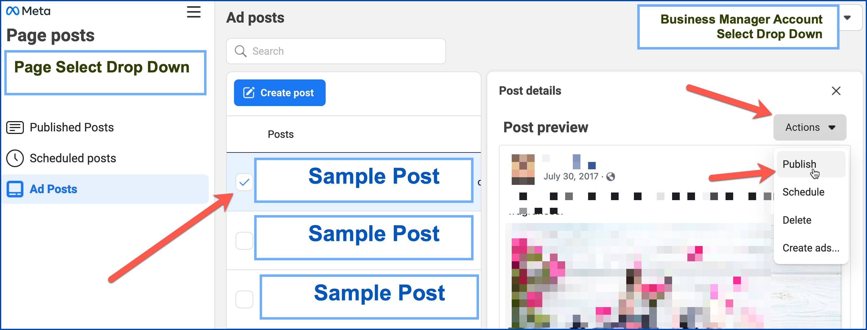 Image shows the Ads Post selector, with a single ad post selected. Image shows an Actions drop down on the right after selecting a single post - with the option to Publish listed under the Actions drop down.