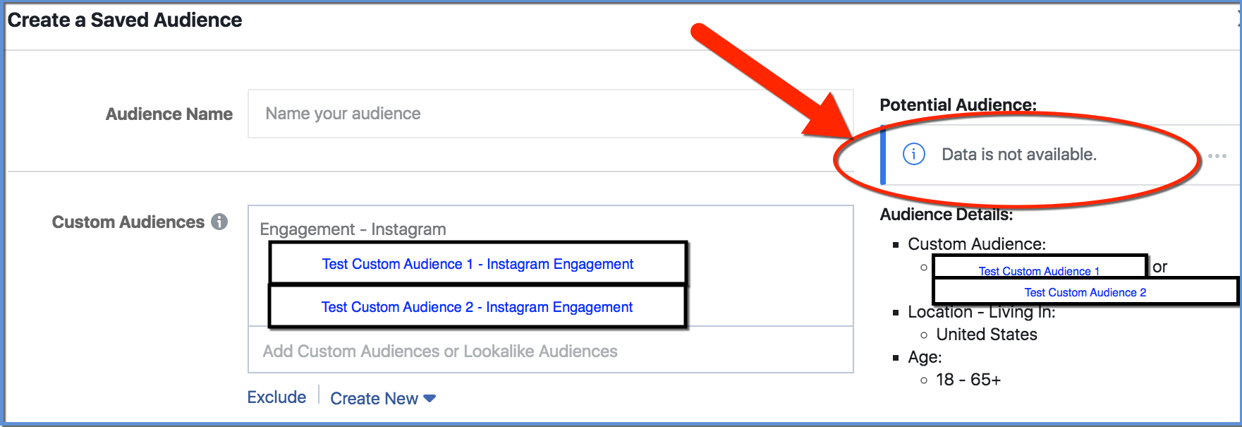 Facebook Custom Audiences Combined for Saved Audience - size not available